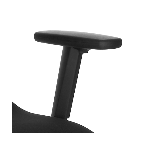 Close-up of a black armrest of an office chair. The armrest is horizontal and slightly rounded.