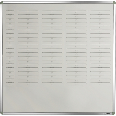 White Kanban board with columns and rows for cards. Silver frame, logo in the lower right corner.