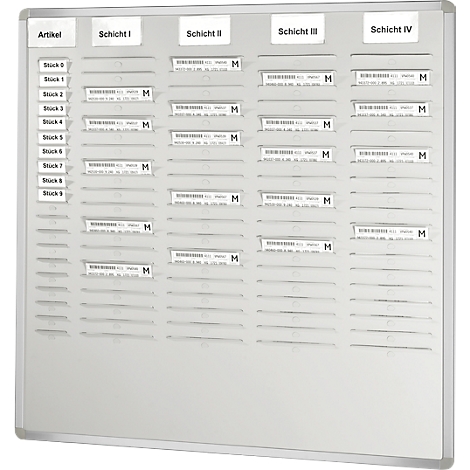 Grey wall board with sections for articles and layers, labelled with barcode labels.