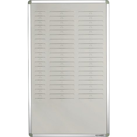 Grey, rectangular information board with numerous horizontal compartments. Silver frame on the edges.