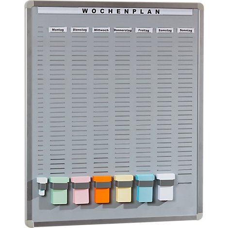 Grey weekly schedule board with days of the week. At the bottom are various colored containers. Top says "Wochenplan".