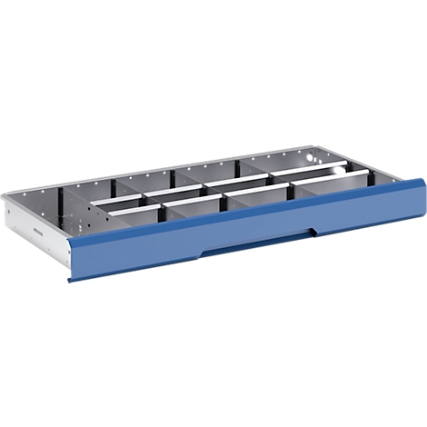 Cajón con separadores, metal plateado, frente azul.