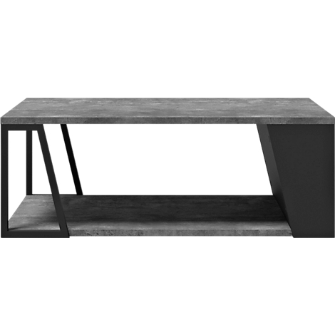 Une table basse dans les tons gris et noirs. Le plateau et l'étagère inférieure sont gris. Les pieds et un côté sont noirs.