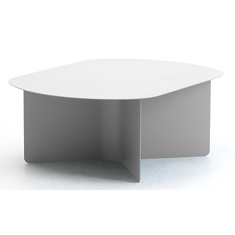 Table basse ovale moderne gris clair avec une base en croix, sur fond blanc.