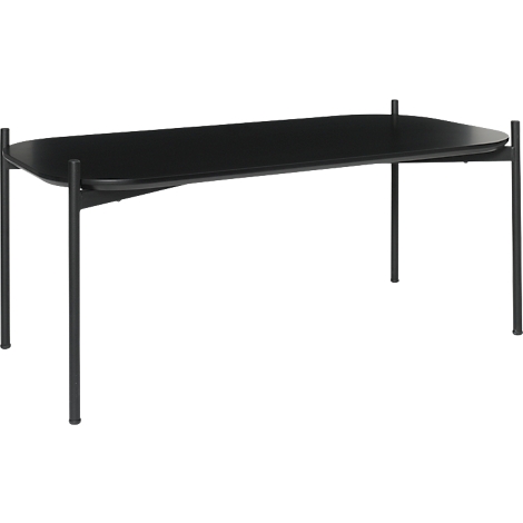 Table noire rectangulaire avec des coins arrondis et des pieds fins.