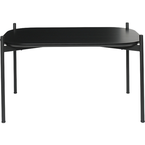 Table basse noire, rectangulaire avec des coins arrondis et des pieds fins.