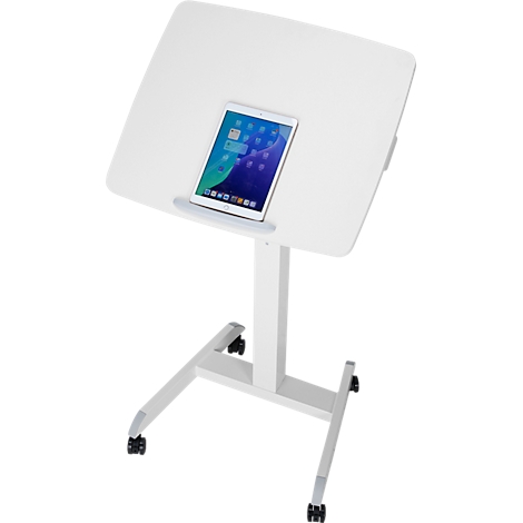 Bureau debout blanc, réglable en hauteur, avec support pour tablette. Une tablette avec un écran bleu est posée sur le bureau.