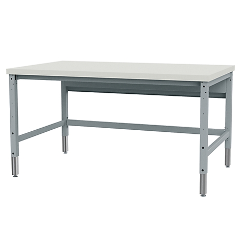 Un établi blanc avec des pieds en métal gris. La hauteur est réglable. Le fond est blanc.