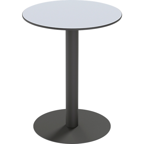 Table haute ronde avec plateau gris clair et pied central noir sur fond blanc.