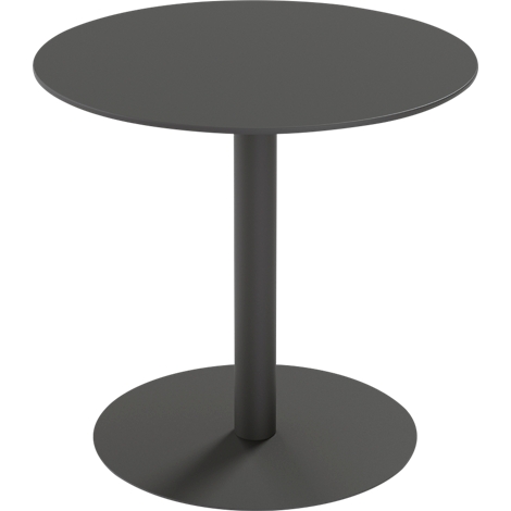 Table de bistrot ronde gris foncé avec un pied central sur fond blanc.