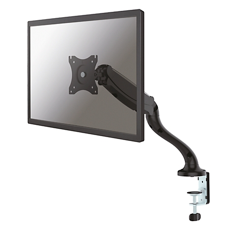 Black monitor with swivel arm on table clamp.