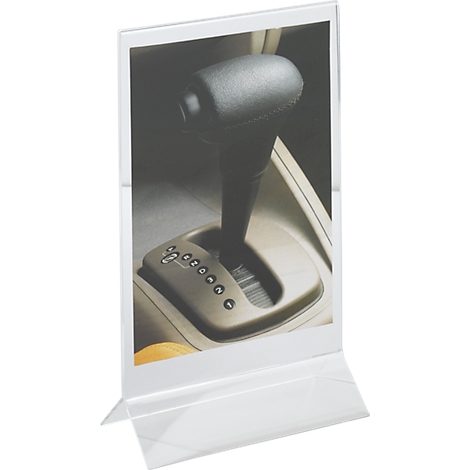 Transparent acrylic stand showing a photo of a car gear lever.