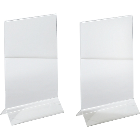 Two clear acrylic table stands, slightly angled, for information or advertising.