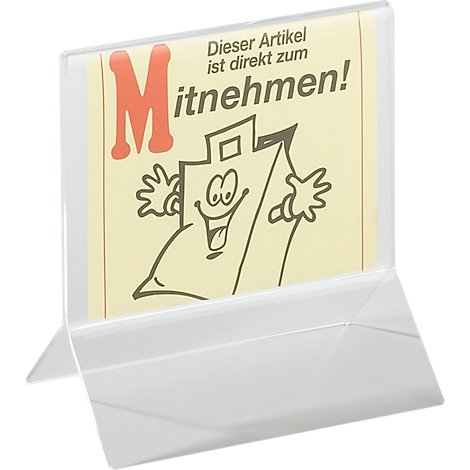 Transparent table display with the advertising message "Take away!". A comic bag with arms and legs is depicted on yellow paper.