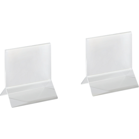 Two transparent acrylic table displays against a white background. Each features a rectangular plate and a stable base.