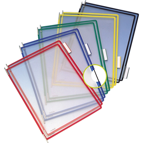 Several document folders in different colors, with metal clips.