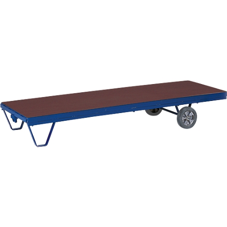 A blue transport cart with brown loading surface and gray wheels on a white background.