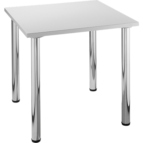 White square table with chrome legs.