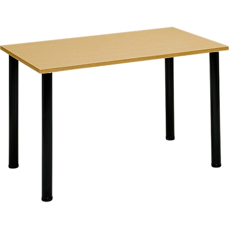 Rectangular desk with a light brown table top and black, cylindrical legs.