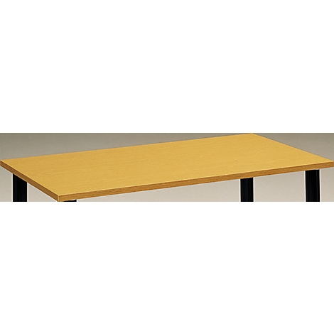 A rectangular, wood-colored desk with black legs. The background is neutral.