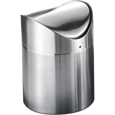 Stainless steel trash can with angled flap.