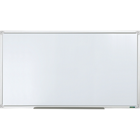 Tableau blanc rectangulaire avec une surface d'écriture blanche et un cadre en métal argenté.