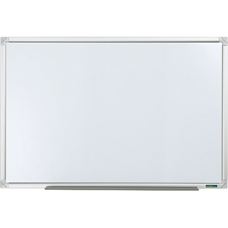 Tableau blanc rectangulaire avec une surface blanche lisse et un cadre en aluminium argenté.