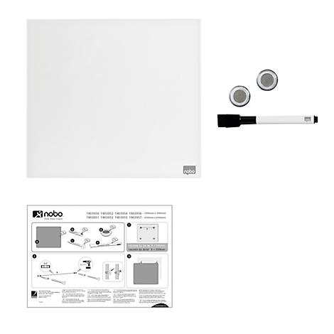 Tableau blanc Nobo, stylo noir, deux aimants et un guide d'installation.