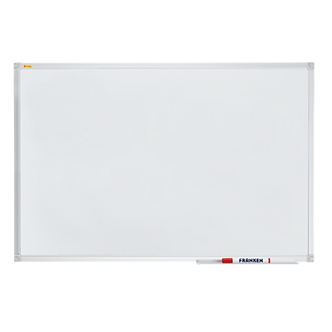 Tableau blanc avec cadre argenté. Un stylo rouge avec l'inscription FRANKEN est en bas à droite.