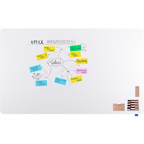 Tableau blanc avec notes pour idées : améliorations du bureau, planification, équipe, nourriture, tableau blanc, notes.