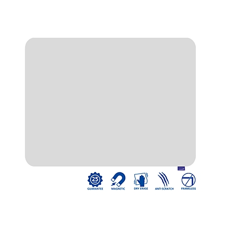 Tableau magnétique rectangulaire gris avec coins arrondis. Symboles pour garantie, magnétique, effaçable à sec, anti-rayures, sans cadre.
