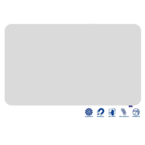 Tableau rectangulaire gris aux coins arrondis. En dessous, icônes : garantie, magnétique, effaçable à sec, anti-rayures, sans cadre.