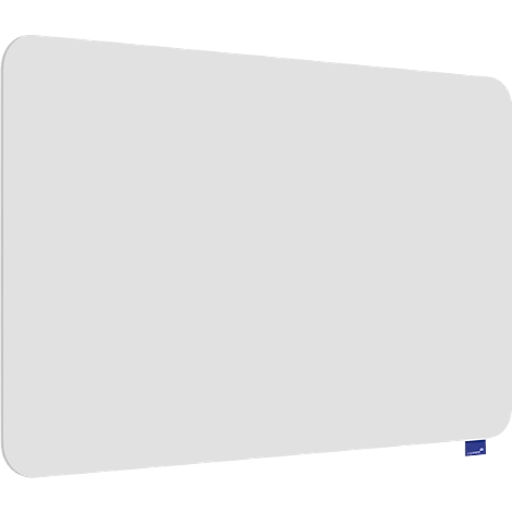 Cloison transparente et rectangulaire avec des coins arrondis. Support bleu dans le coin inférieur droit.