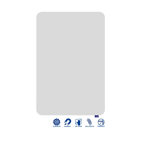 Tableau rectangulaire gris aux coins arrondis. Symboles ci-dessous pour la garantie, magnétique, effaçable à sec, anti-rayures, sans cadre.
