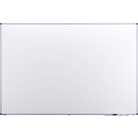 Grand tableau blanc rectangulaire avec un cadre argenté. Des stylos sont visibles en bas à droite.