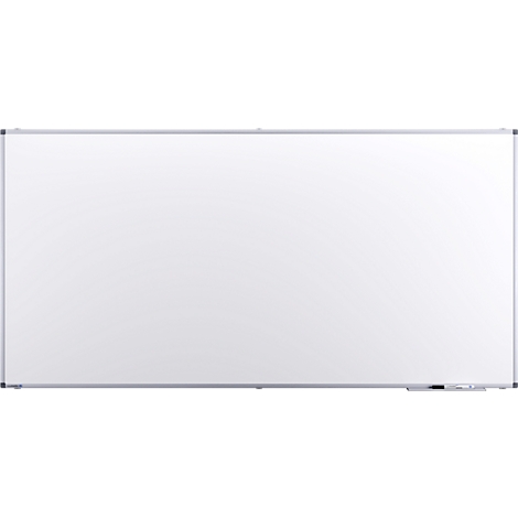 Tableau blanc rectangulaire avec un cadre argenté. Un support étroit se trouve en bas à droite.