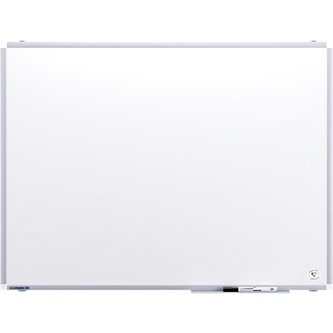 Grand tableau blanc avec un cadre argenté. Un marqueur et une gomme sont en dessous.