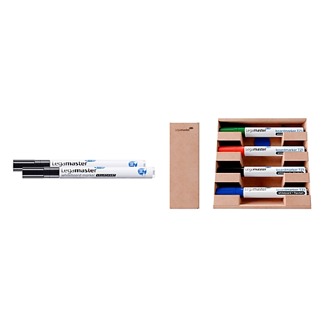 Plusieurs stylos blancs à pointe noire, à côté d'un emballage en carton et d'une boîte en bois contenant des stylos de différentes couleurs.