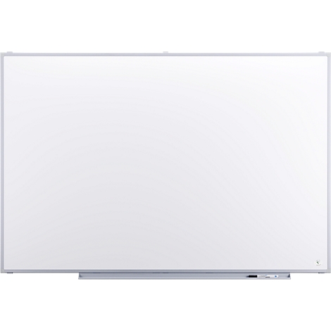 Grand tableau blanc avec un cadre argenté. Il y a un porte-stylos en bas.