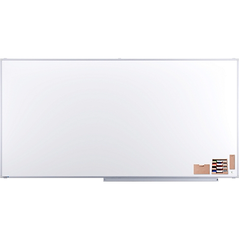 Grand tableau rectangulaire blanc avec cadre en aluminium, petits aimants et stylos dans le coin inférieur droit.