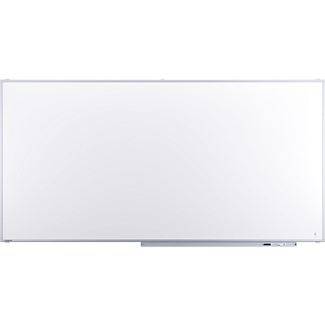 Grand tableau blanc rectangulaire avec un cadre argenté et un porte-stylos.