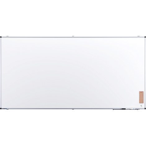 Grand tableau blanc rectangulaire avec cadre argenté. Dans le coin inférieur droit se trouve un petit porte-stylo ou marqueur rectangulaire.