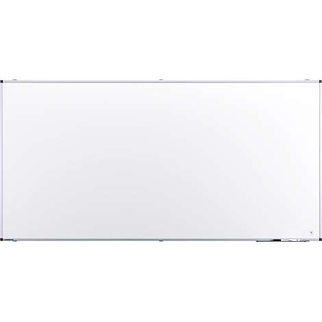 Un tableau blanc rectangulaire avec un cadre argenté, légèrement vu d'en haut.