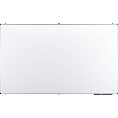 Grand tableau blanc avec cadre argenté. Le tableau est vide et a une surface lisse.