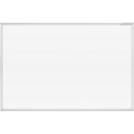 Un tableau blanc vide en format paysage avec un cadre argenté fin sur fond blanc.