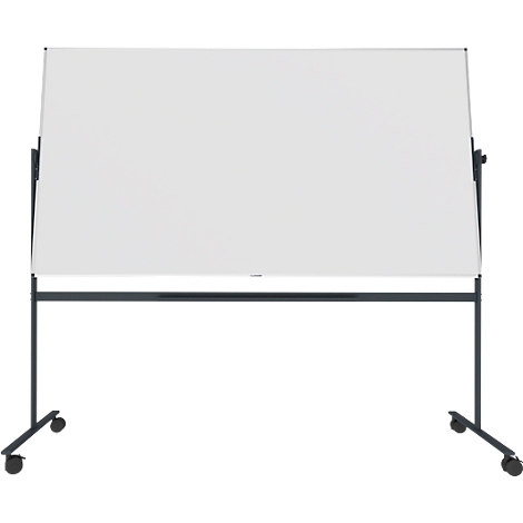 Tableau blanc blanc, autoportant, sur roulettes. Cadre et pied de couleur sombre.