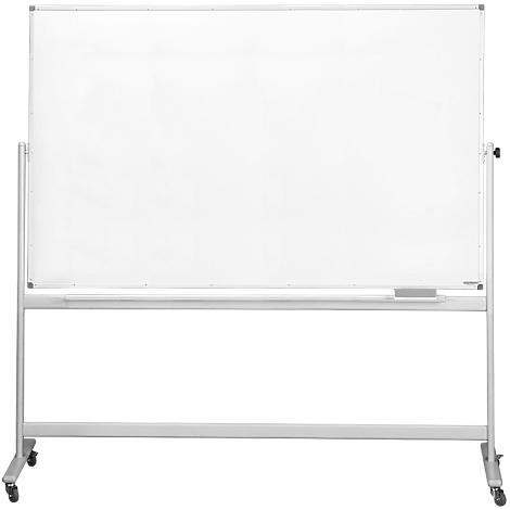 Tableau blanc blanc, autoportant, sur un cadre argenté avec roulettes. Il y a une gomme sur le tableau blanc.