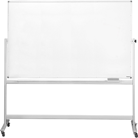 Tableau blanc autoportant sur un support argenté avec roulettes et une gomme.