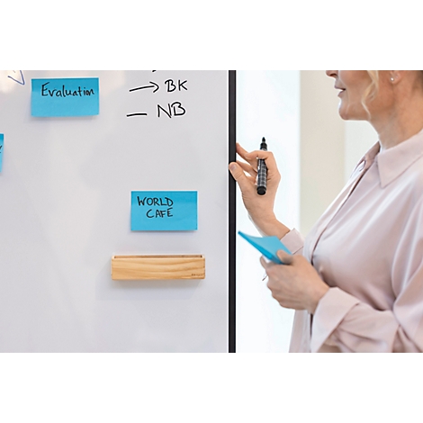 Une femme travaillant sur un tableau blanc avec des notes adhésives dans un bureau.