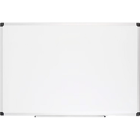 Tableau blanc avec cadre argenté et coins.